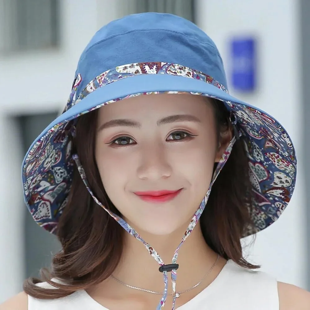 Women Bohemian Reversible Sun Hat Wide Brim UV Protection Cotton Polyester - Picture 3 of 8